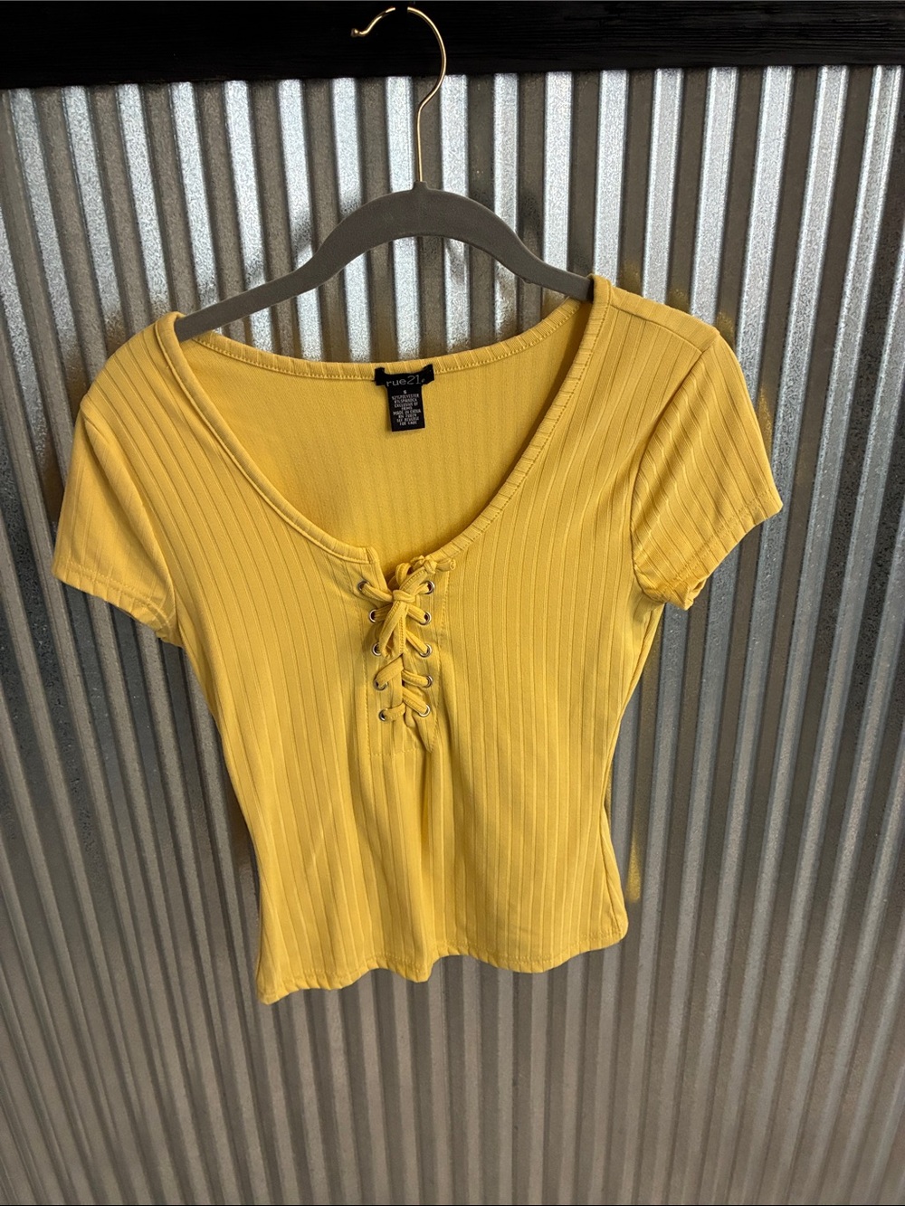 Rue21 Yellow Ribbed Lace-Up Short Sleeve Tee